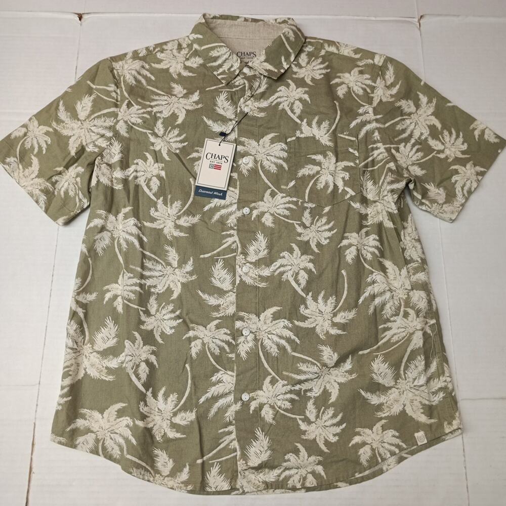 Chaps Seacoast Wash Linen Woven Shirt Men's L Large Light Olive Floral Print